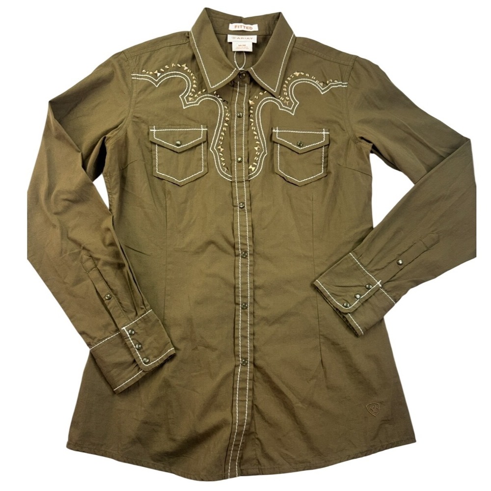 Ariat Womens Fitted Western Shirt Olive Green Embroidered Studded Cotton Medium